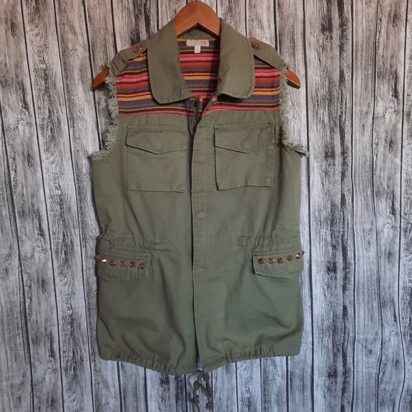 GB Edgy Cotton Canvas Military Green Serape Punk Country Vest - Picture 3 of 12